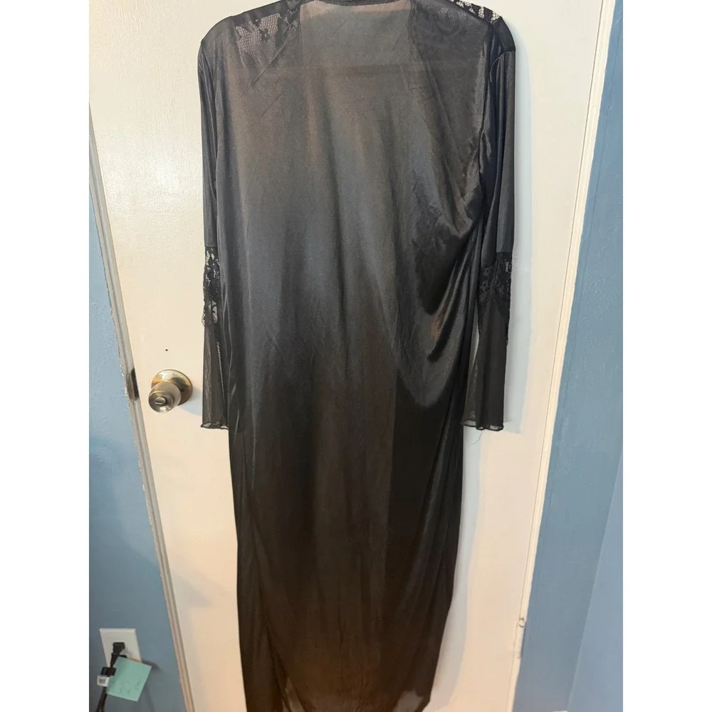 Vintage Black Lace Trim Long Duster Robe Sheer Mesh Open Romantic Goth L?